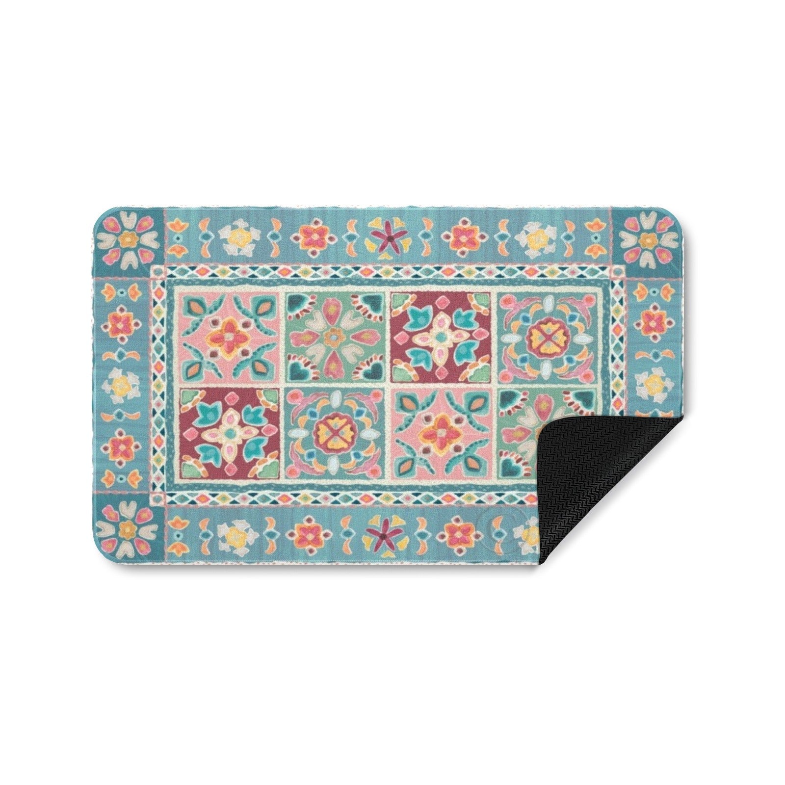 Floral door mat in teal, pink, yellow, and green with rubber backing; My Life Entrance mat