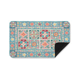 Floral door mat in teal, pink, yellow, and green with rubber backing; My Life Entrance mat