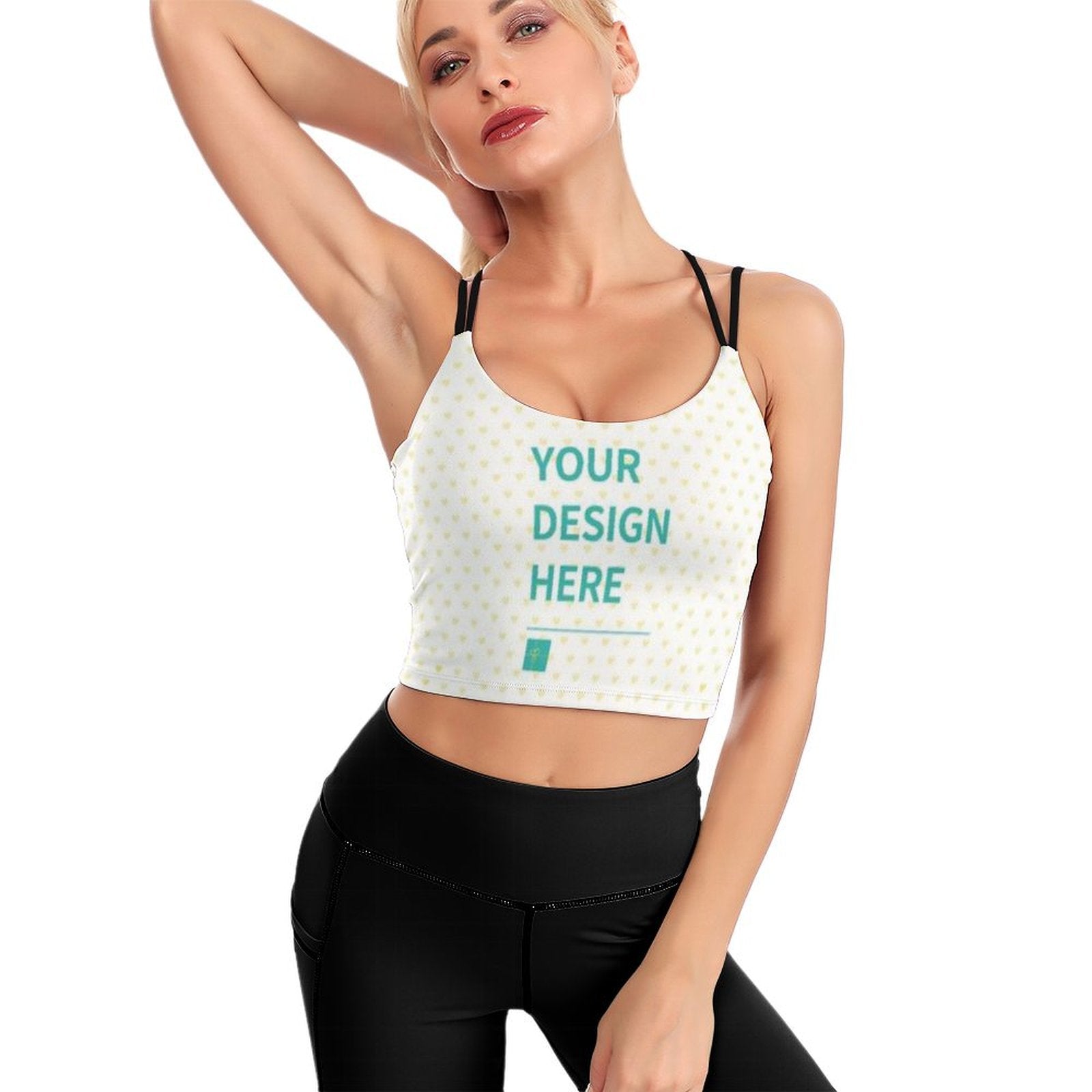 Customizable Yoga Top for Women with 'YOUR DESIGN HERE' design, personalized sports bra