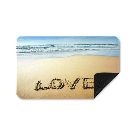 Love Entrance Doormat with beach scene and LOVE text, indoor or outdoor use