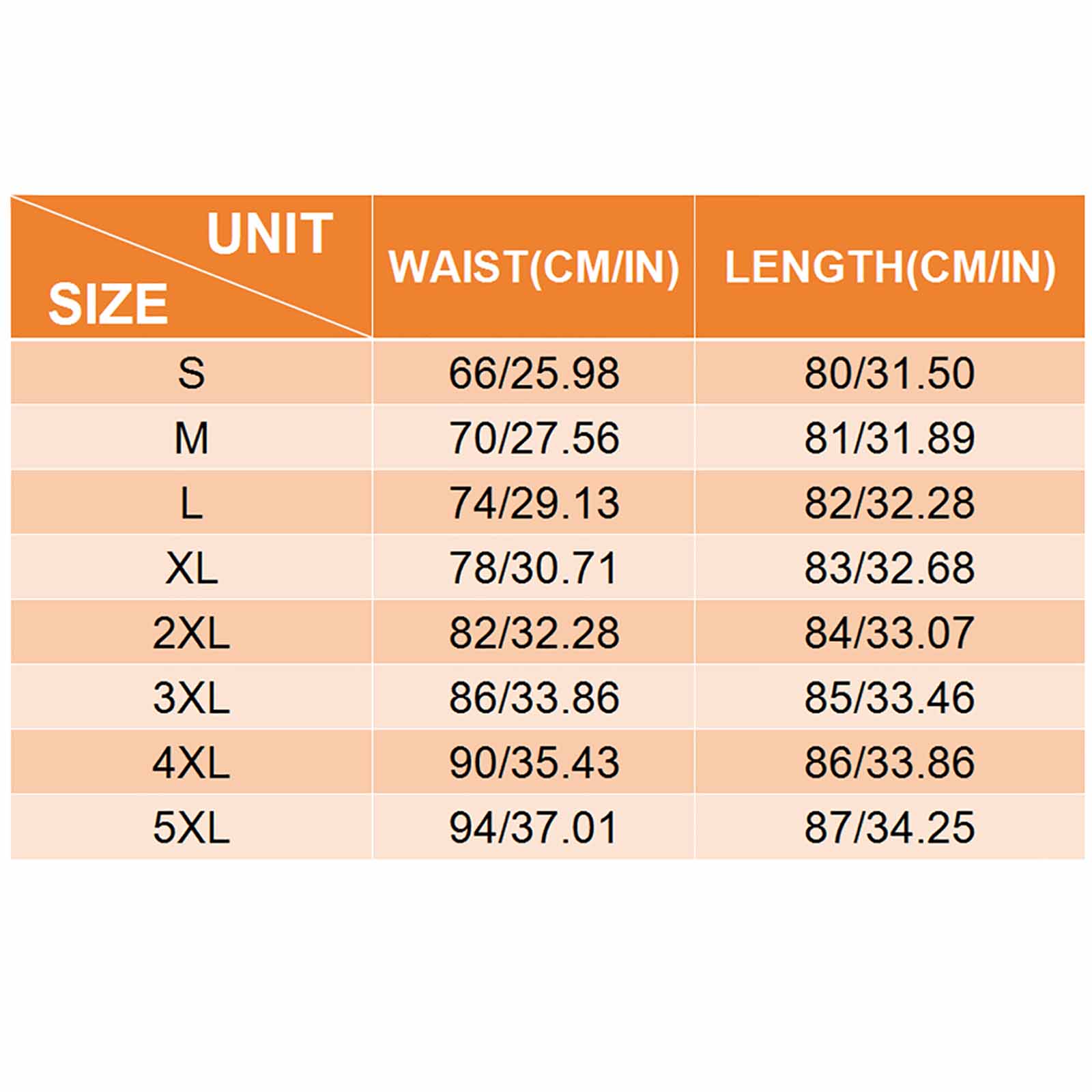 Size chart for women's knee-length skirt. Includes waist and length measurements for S-5XL.