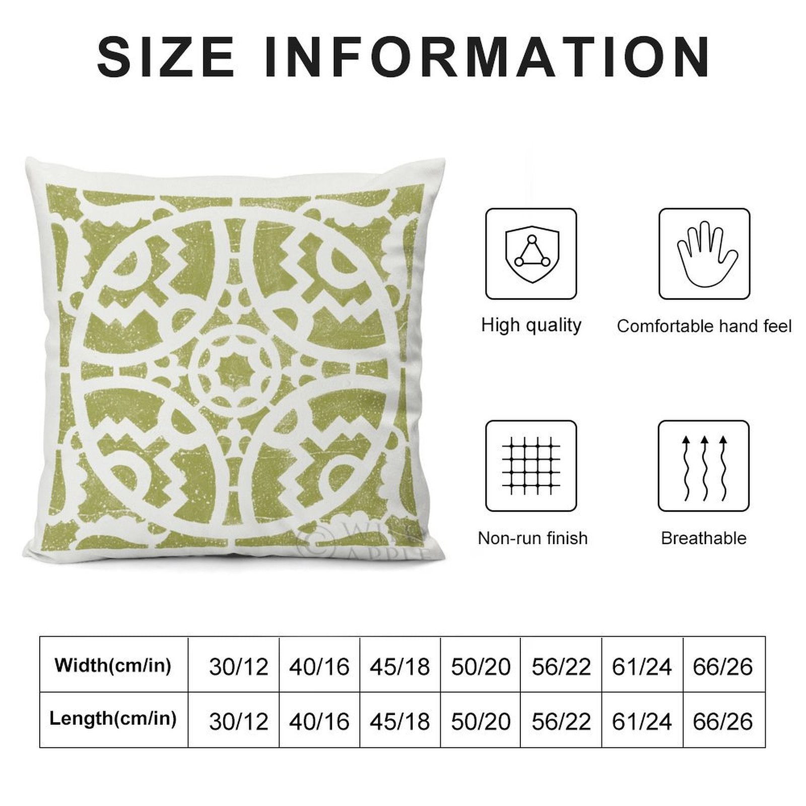 Throw pillow cover with geometric design, size chart, and features: high quality, breathable, non-run.
