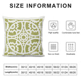 Throw pillow cover with geometric design, size chart, and features: high quality, breathable, non-run.