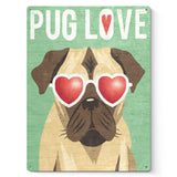 Pug Love metal sign with heart-shaped sunglasses, perfect gift for dog lovers.