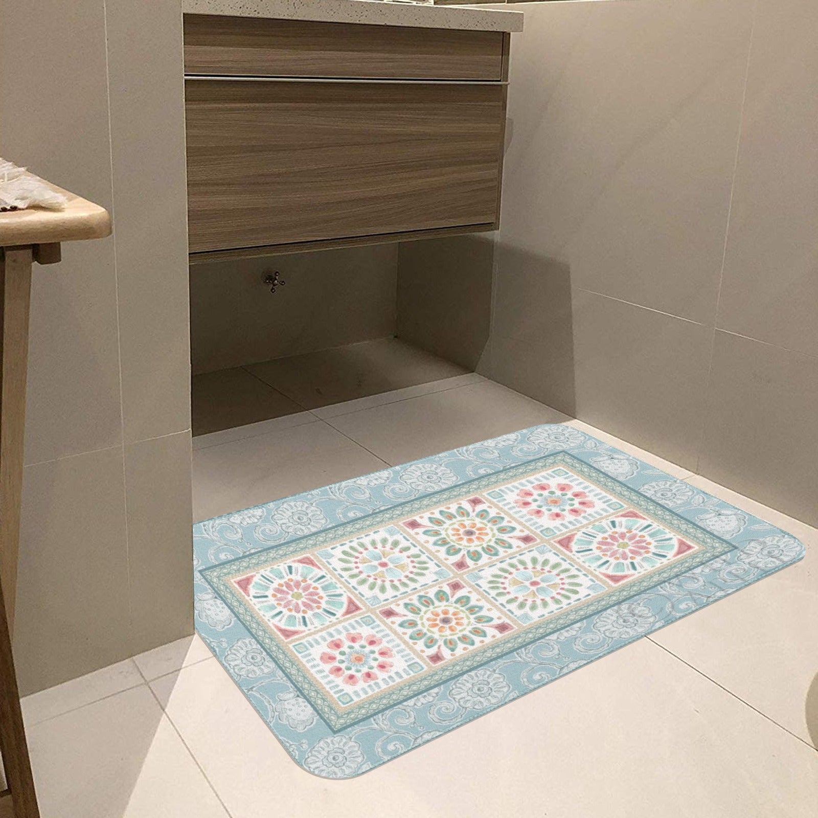 Decorative floral floor mat in a bathroom, perfect for indoor use, with a blue, pink, and green floral design