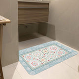 Decorative floral floor mat in a bathroom, perfect for indoor use, with a blue, pink, and green floral design