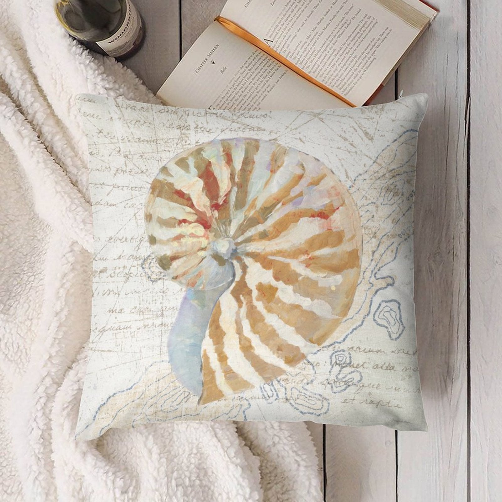 Plush pillow cover with nautilus shell design on a vintage map background, living room decor