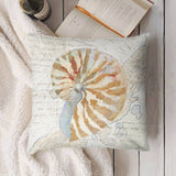 Plush pillow cover with nautilus shell design on a vintage map background, living room decor