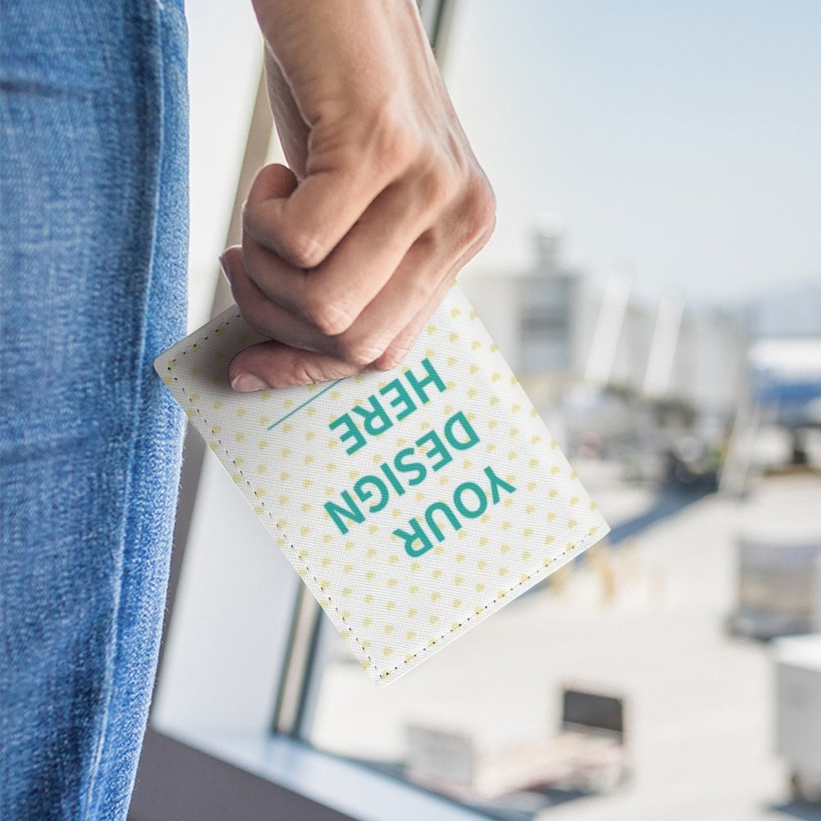 Custom passport holder with "YOUR DESIGN HERE" text, PU material, travel gift for women or men