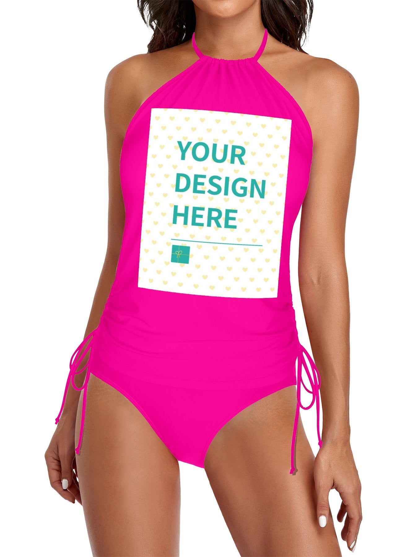 Personalized pink halter swimsuit for women with YOUR DESIGN HERE text, custom swimwear