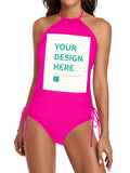 Personalized pink halter swimsuit for women with YOUR DESIGN HERE text, custom swimwear