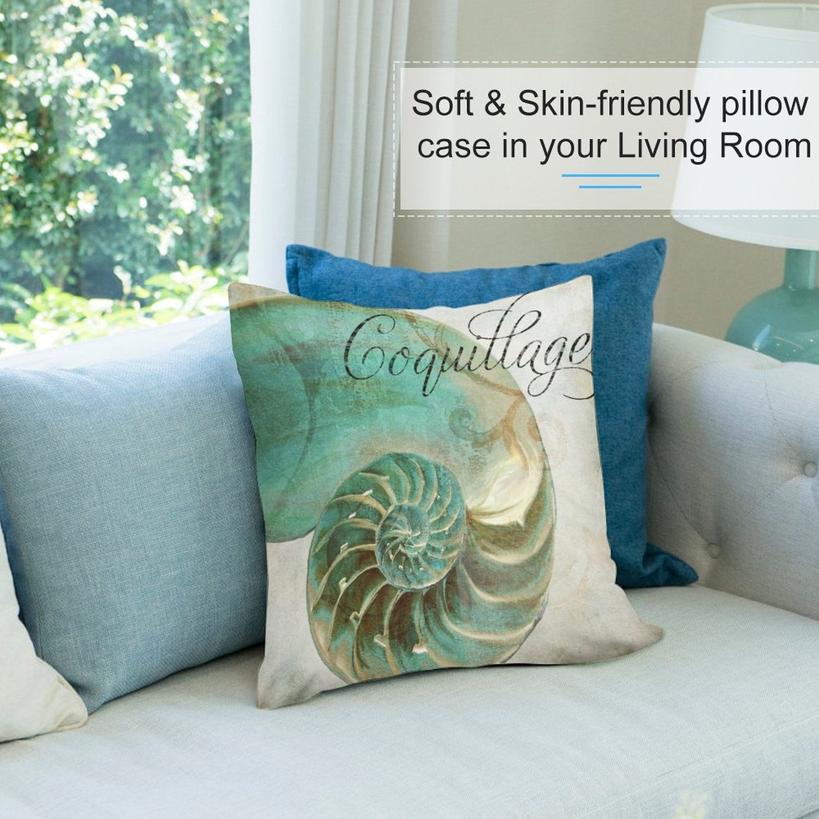 Soft, skin-friendly pillow cover with teal nautilus shell design; living room decor