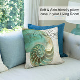Soft, skin-friendly pillow cover with teal nautilus shell design; living room decor