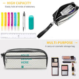 Customizable lychee pattern leather pen bag with 'YOUR DESIGN HERE', suitable for stationery and cosmetics, double zipper.