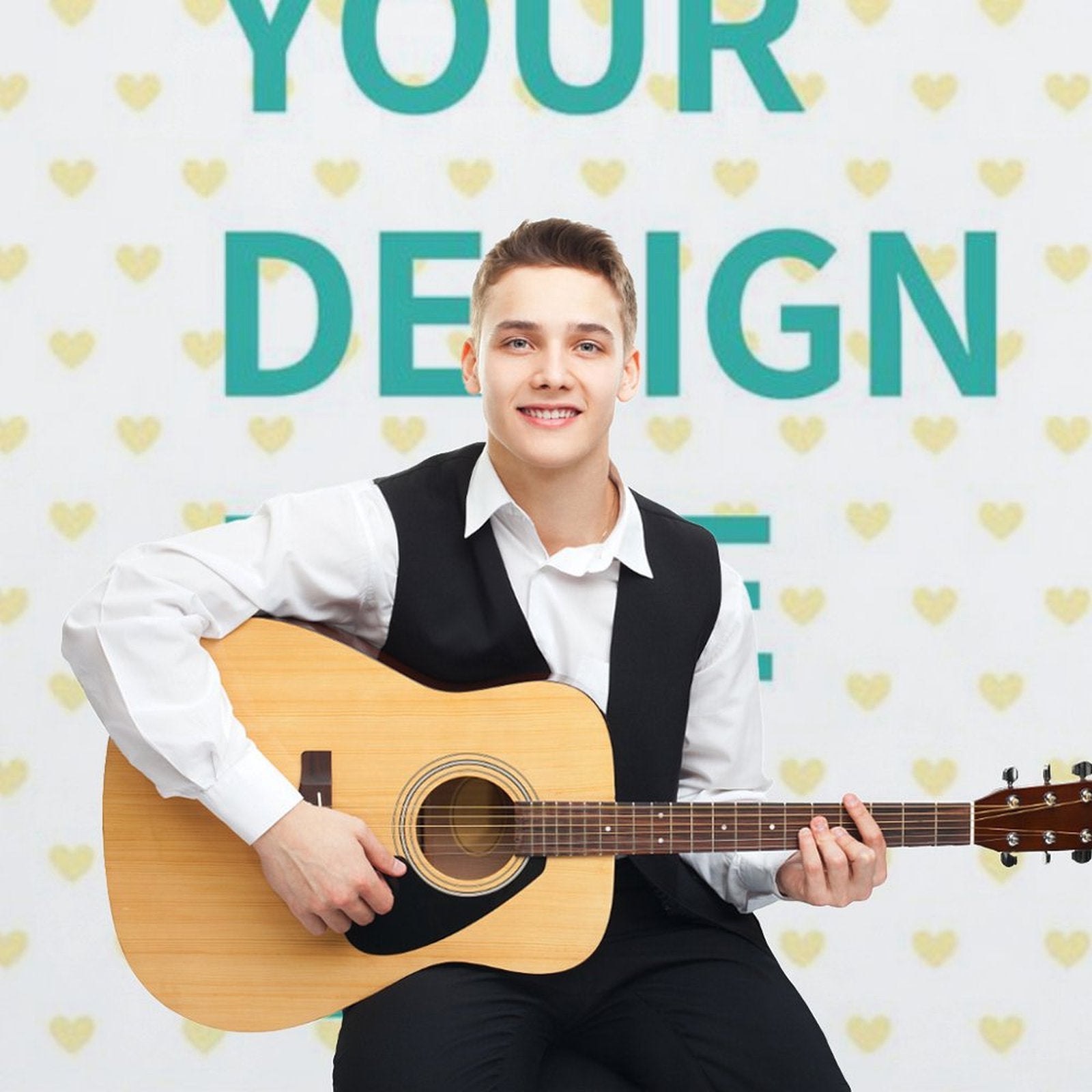 Custom photography cloth: Man with guitar. 'YOUR DESIGN' message, white background with yellow hearts.