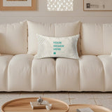 Custom golden velvet pillow case with 'YOUR DESIGN HERE' on a cream sofa for home decor
