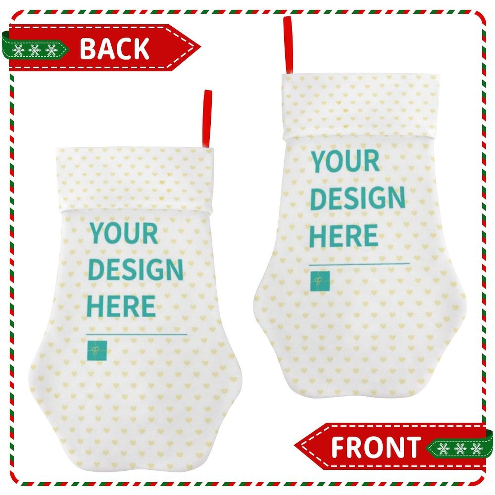 Personalized Christmas stocking with 'YOUR DESIGN HERE'. Customizable Christmas stockings for family, holiday gift