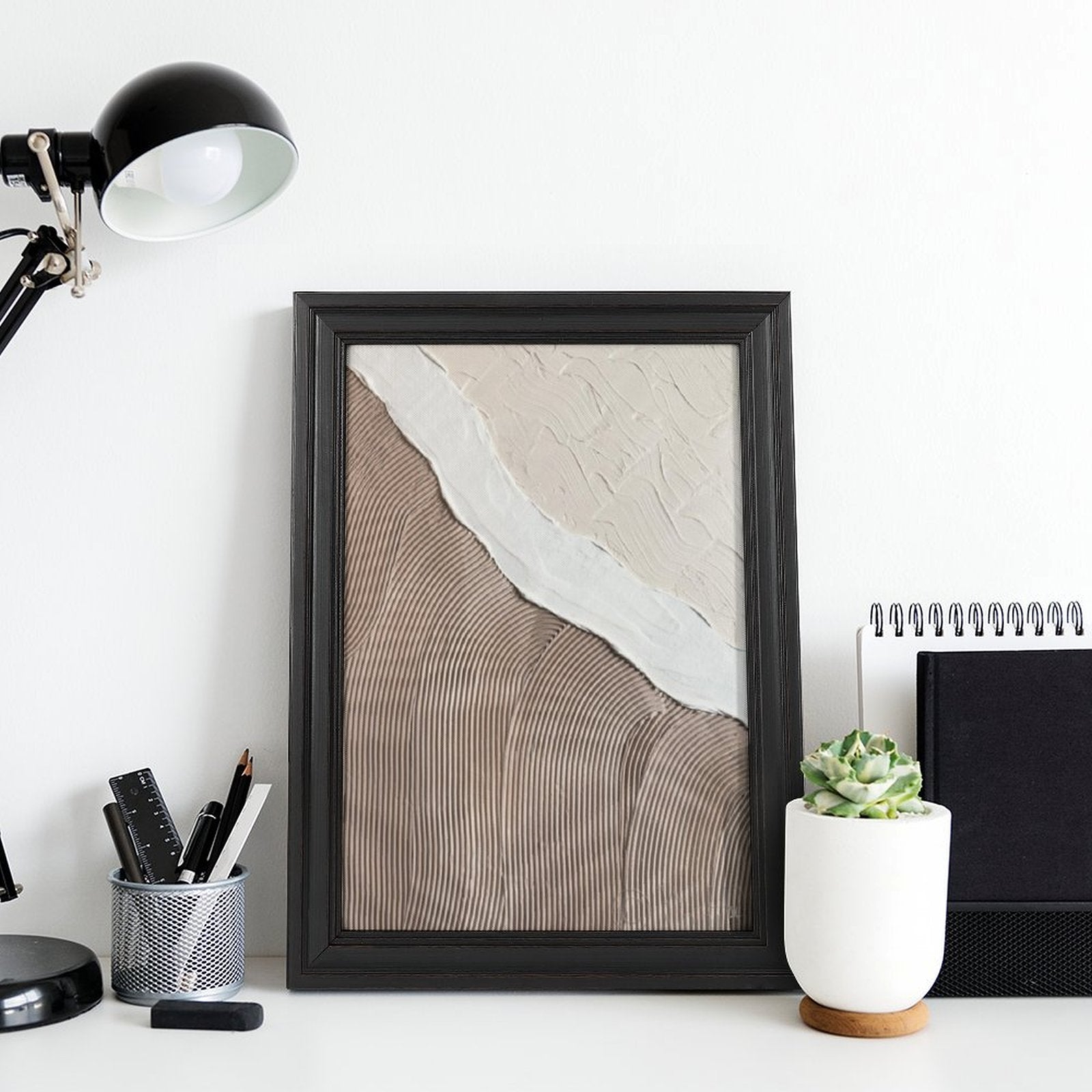 Abstract canvas print with European-style frame. Textured beige, brown, and white wall art for home decor and gifts.