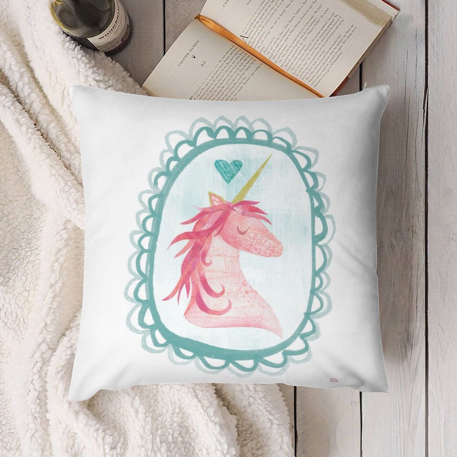 Pink unicorn plush throw pillow cover with teal frame, ideal for sofa or bed, part of MyArtsyGift home decor collection.