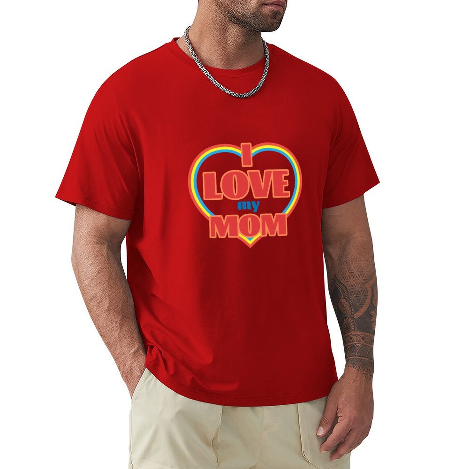 Red 'I Love My Mom' crew neck t-shirt for men from MyArtsyGift. Classic cotton tee, perfect gift.