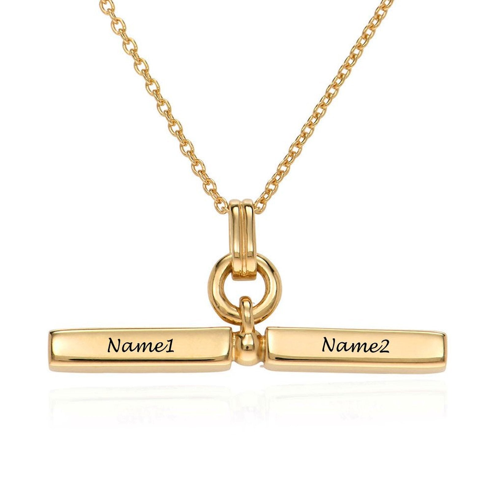 Custom gold bar necklace engraved with Name1 and Name2, personalized gift for women and men