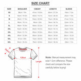 Men's t-shirt size chart with measurements for shoulder, bust, length, and sleeve; available at MyArtsyGift