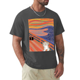 Men's dark gray t-shirt featuring 'The Scream' cat art print. Classic tee from MyArtsyGift.
