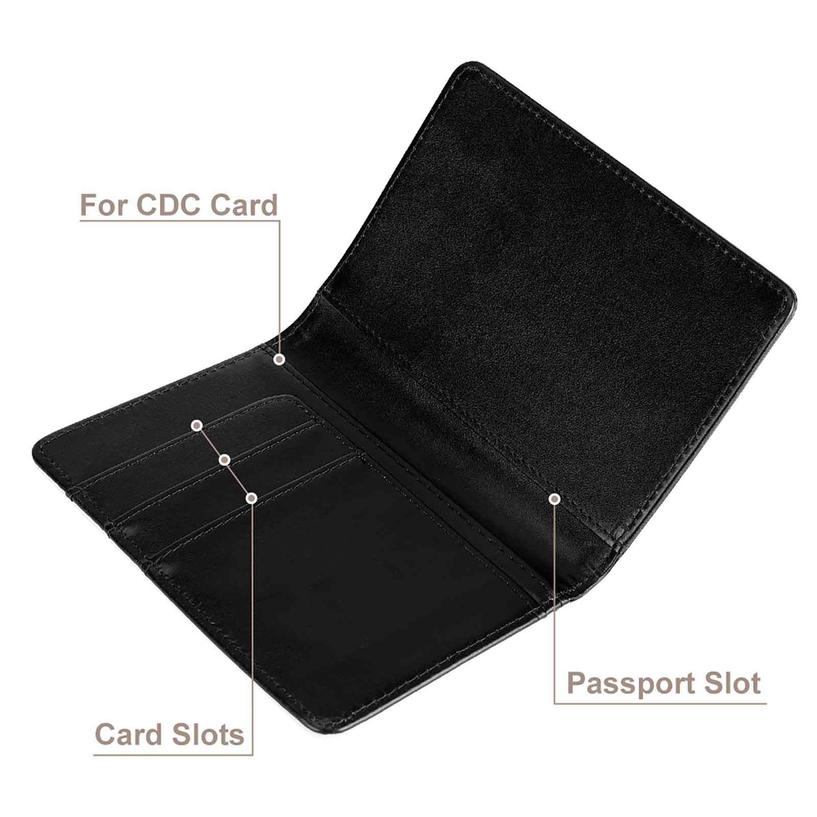 Black PU leather passport holder with card slots and passport slot, ideal travel gift.