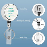 Custom badge reel holder with 'YOUR DESIGN HERE' design, stainless steel, 360 degree rotating, metal clasp, ID clip.