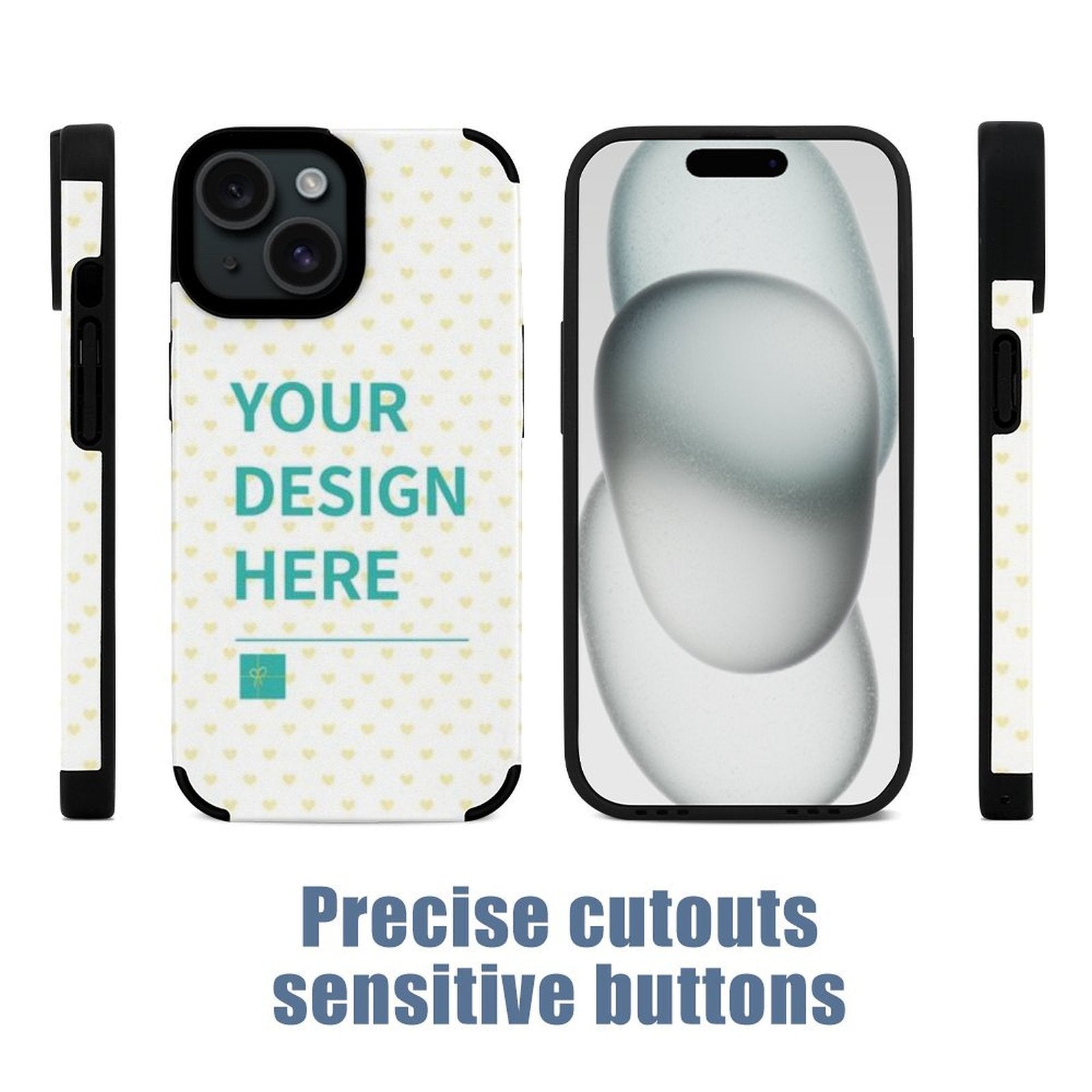 Custom iPhone 15 Series Case with YOUR DESIGN HERE, fiber leather, heart pattern, and precise cutouts