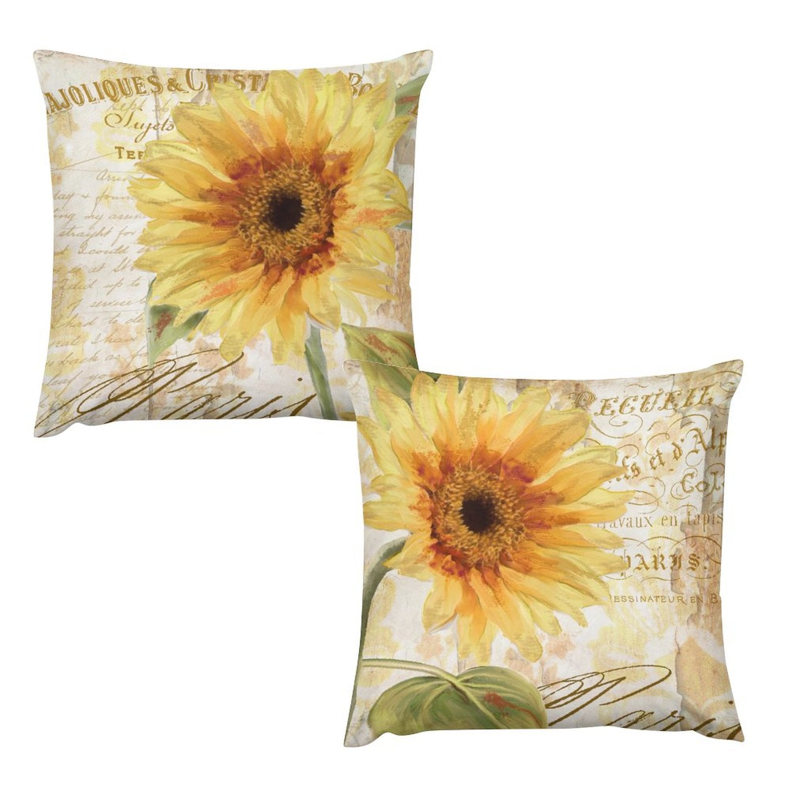 Set of 2 Square Throw Pillow Covers with Sunflower design, short plush material, home decor