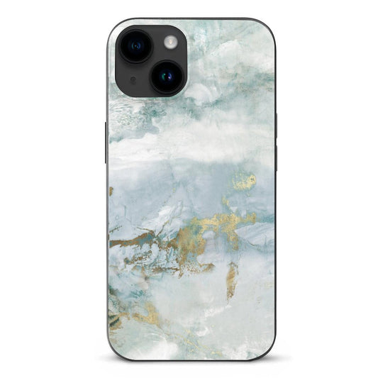 iPhone 15 phone case with marble art design in blue, gold, and white. Durable TPU material, shockproof protection.