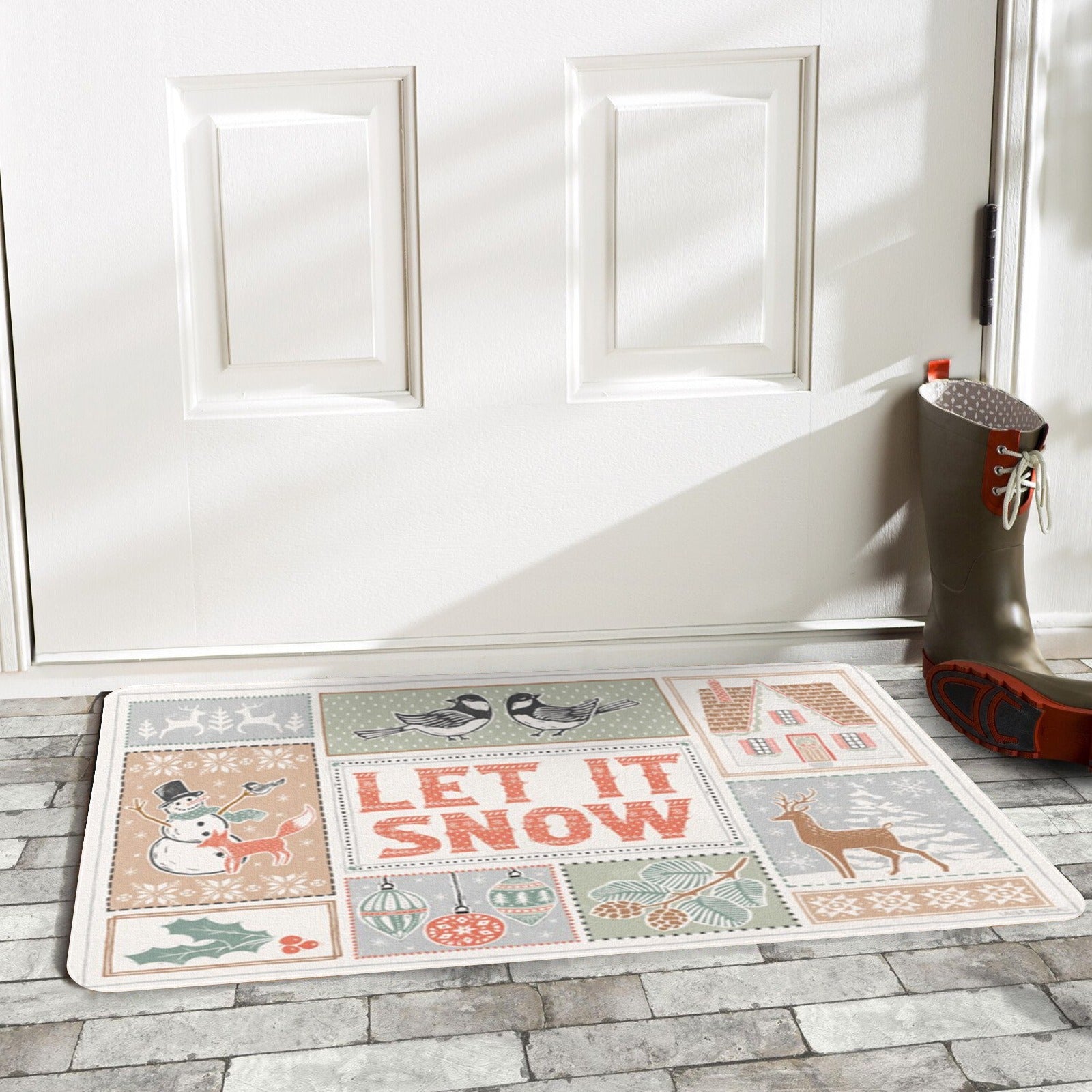 Frosty white doormat with 'LET IT SNOW' design, winter-themed entrance mat, indoor/outdoor use, rubber floor mat