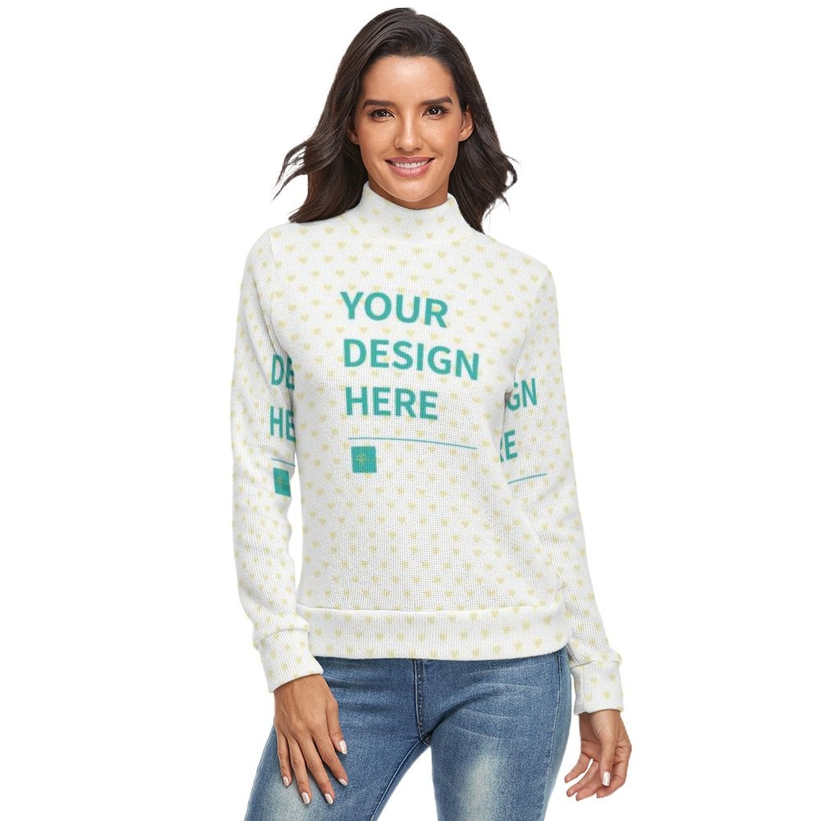 Customizable winter turtleneck sweater for women, featuring "YOUR DESIGN HERE" text, perfect for personalized gifts.