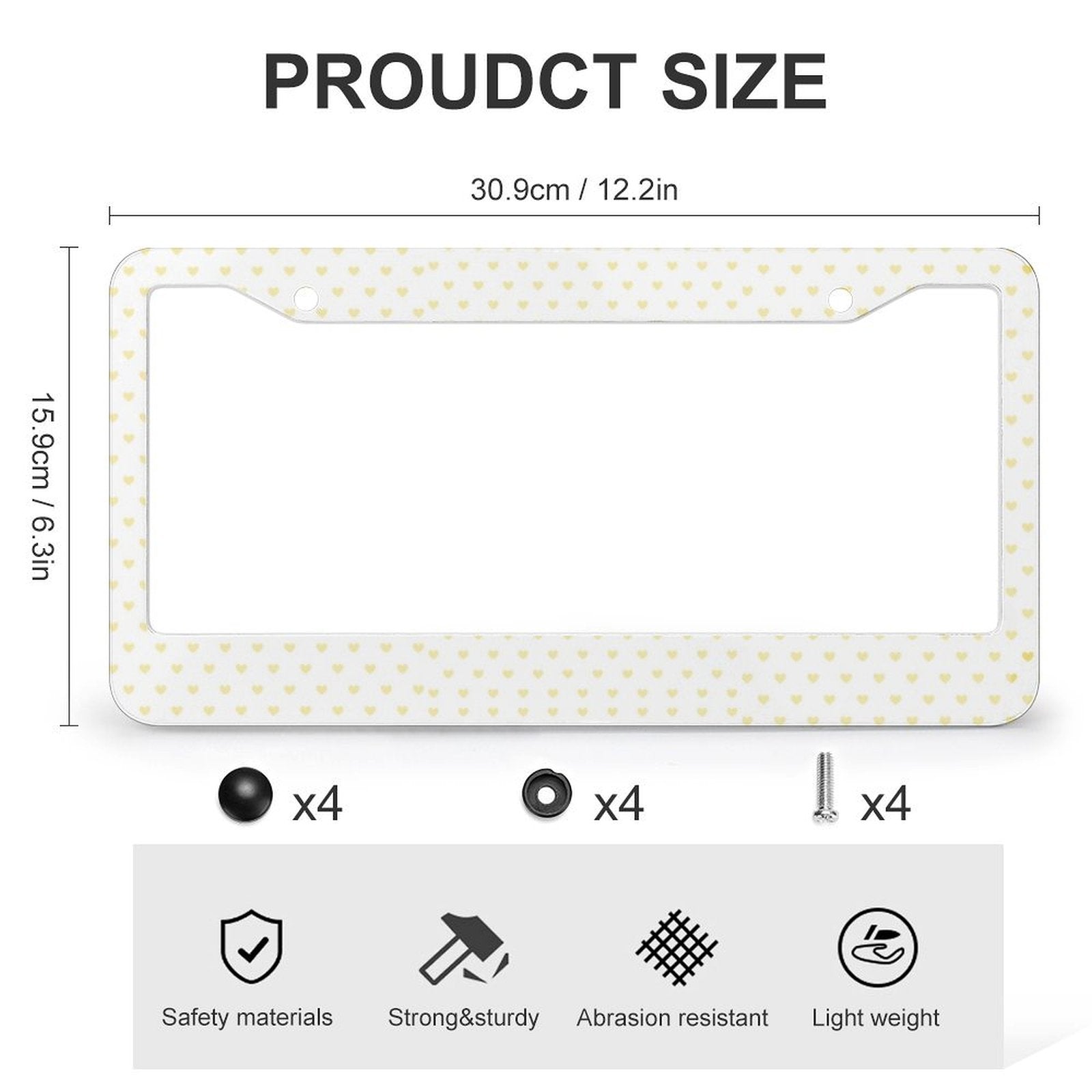Custom car license plate frame with yellow heart pattern, durable and safe.