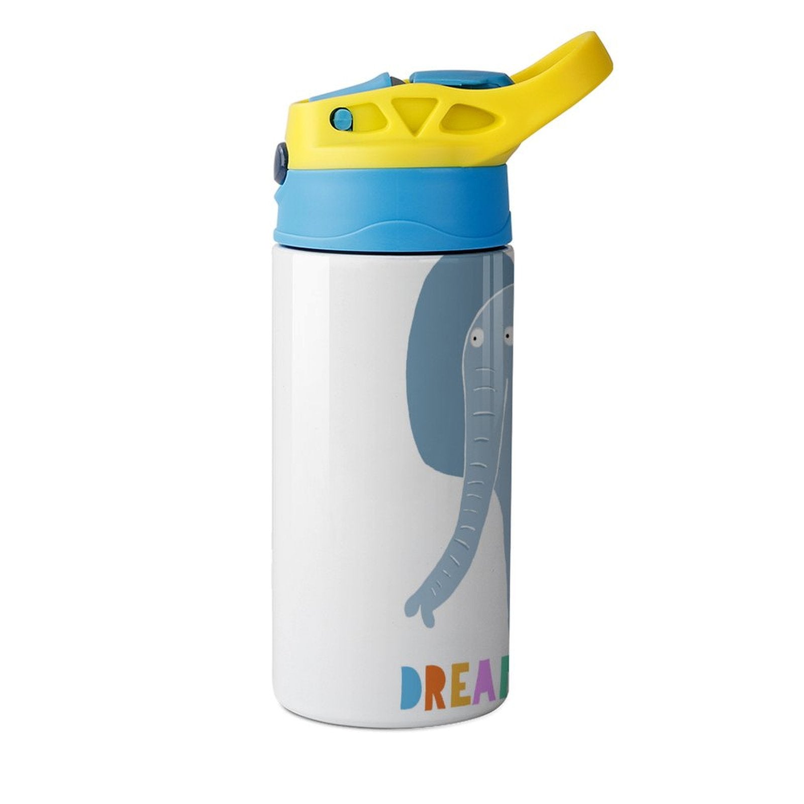 12oz kids insulated water bottle with elephant design and DREAM text, perfect for school.