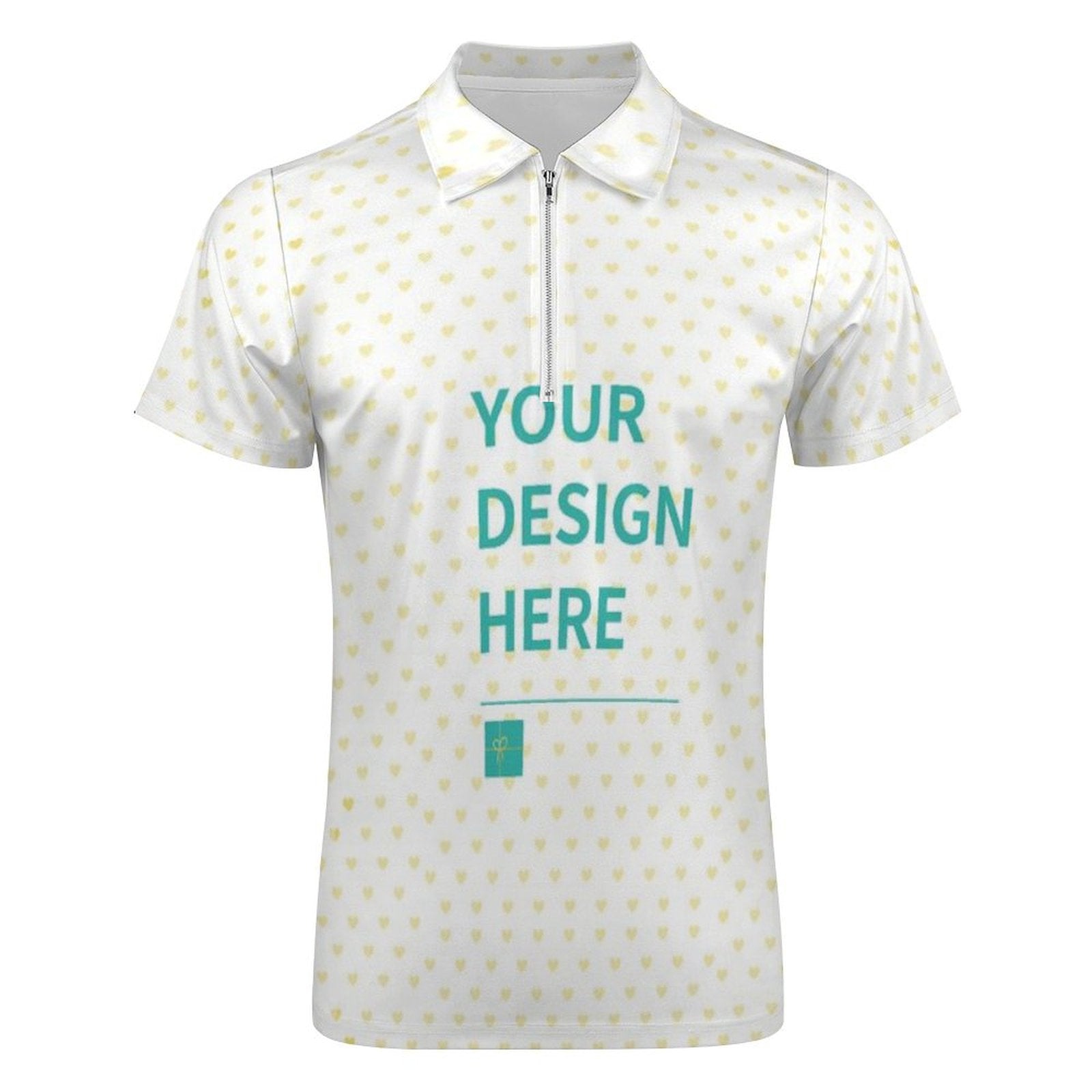 Customizable men's zipper polo shirt with heart pattern, white short sleeve work shirt, 'Your design here'