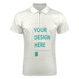 Customizable men's zipper polo shirt with heart pattern, white short sleeve work shirt, 'Your design here'