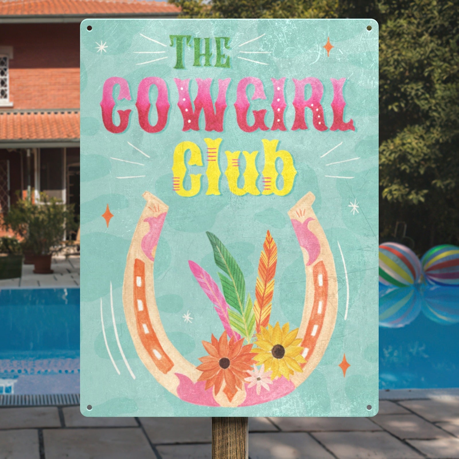 Cowgirl Club tin sign with horseshoe and floral design, Made in USA, ideal home decor item