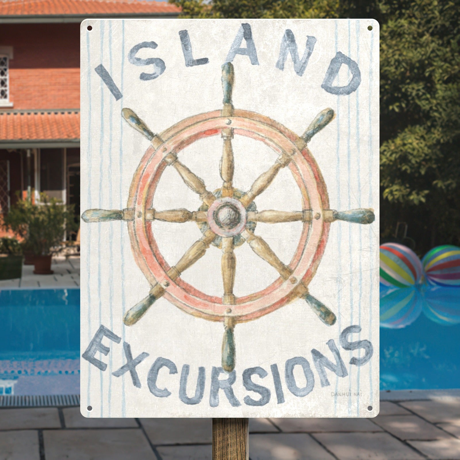 Nautical metal sign with ship wheel and Island Excursions text, retro beach decor.