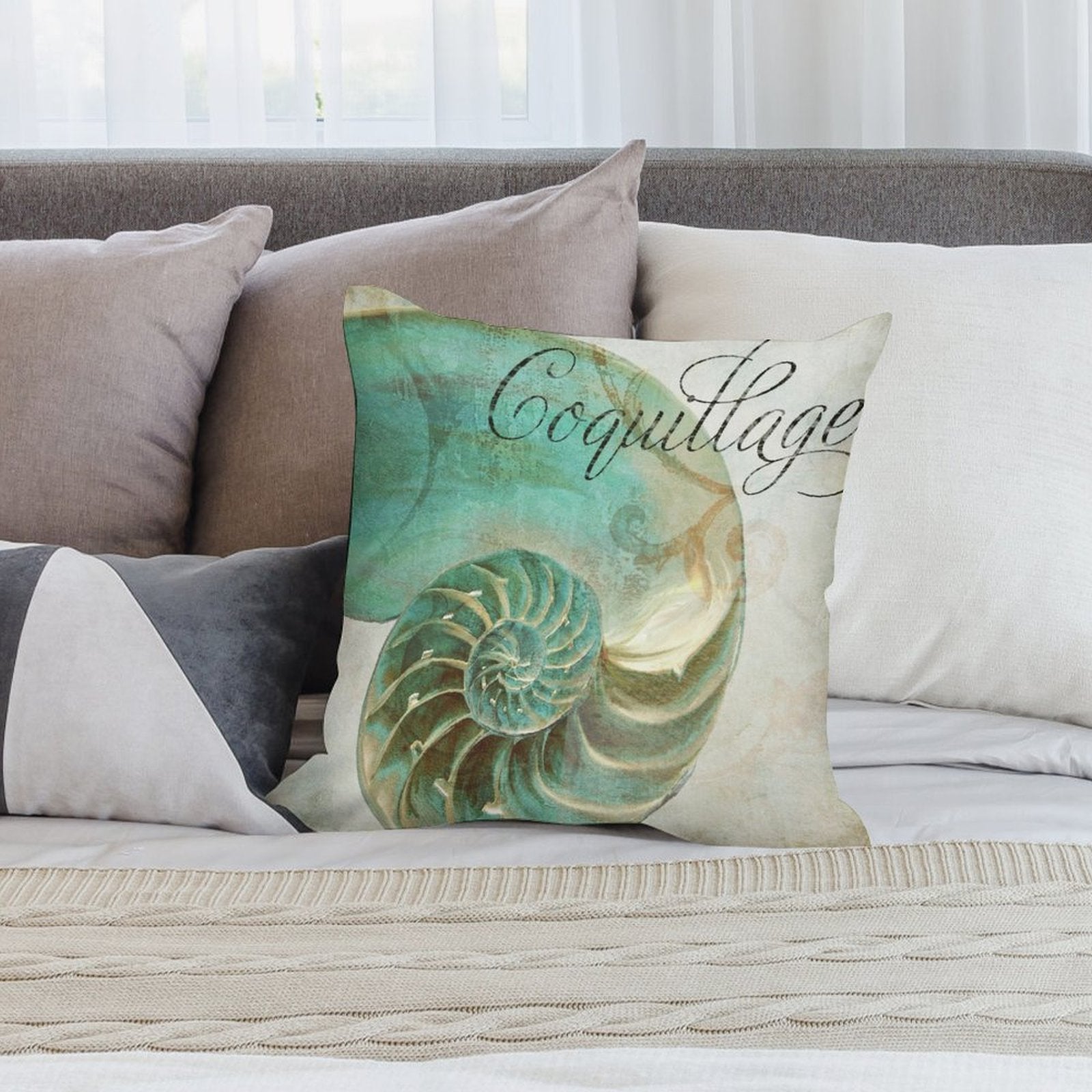Coquillage plush pillow cover with nautilus seashell design, perfect for sofa or living room decor