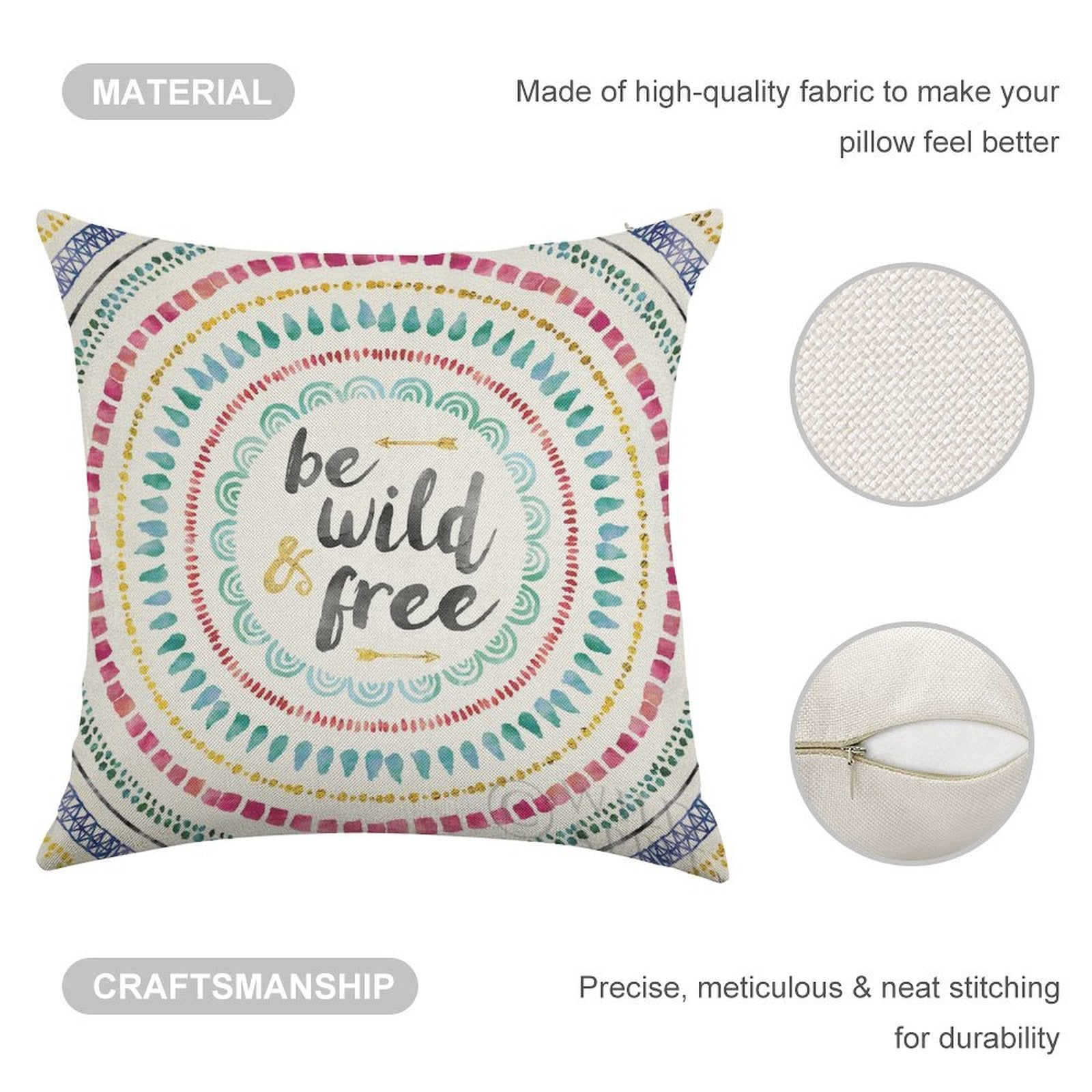 Linen throw pillow case with colorful mandala design and "be wild & free" text, premium home decor.