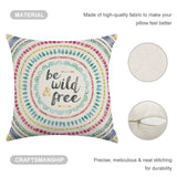 Linen throw pillow case with colorful mandala design and "be wild & free" text, premium home decor.