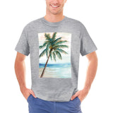 Heather grey crew neck t-shirt with palm tree beach art print, cotton fabric, casual wear