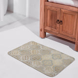 Grey and gold floral patterned bathroom rug in front of a wooden cabinet, non-slip for bathroom