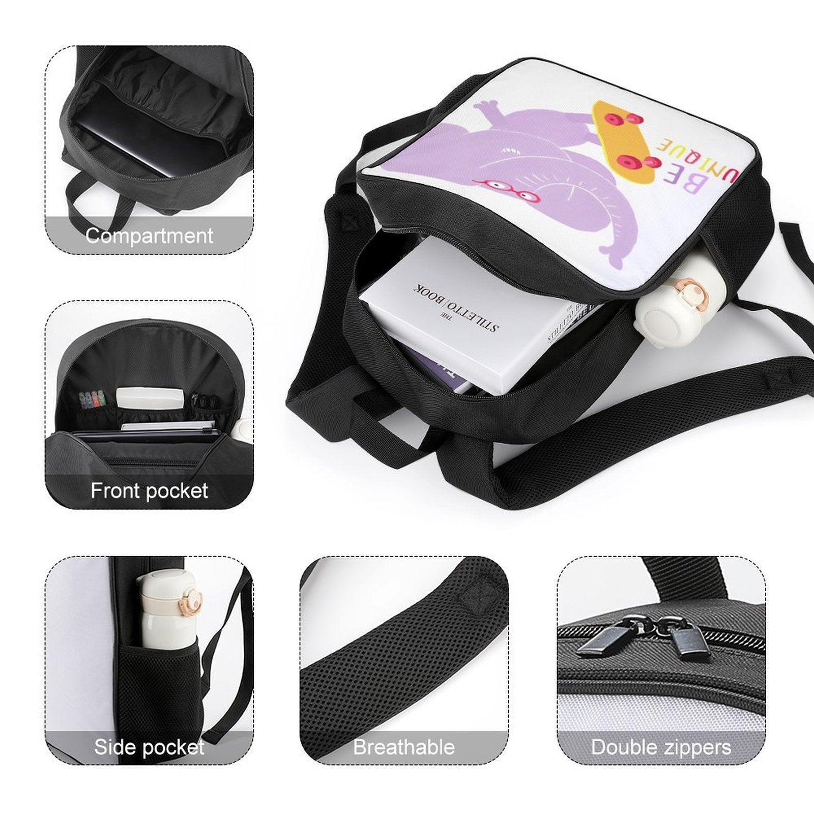 Kids' backpack with elephant graphic, "BE UNIQUE" text, school bag with side pockets, Oxford cloth, and double zippers.