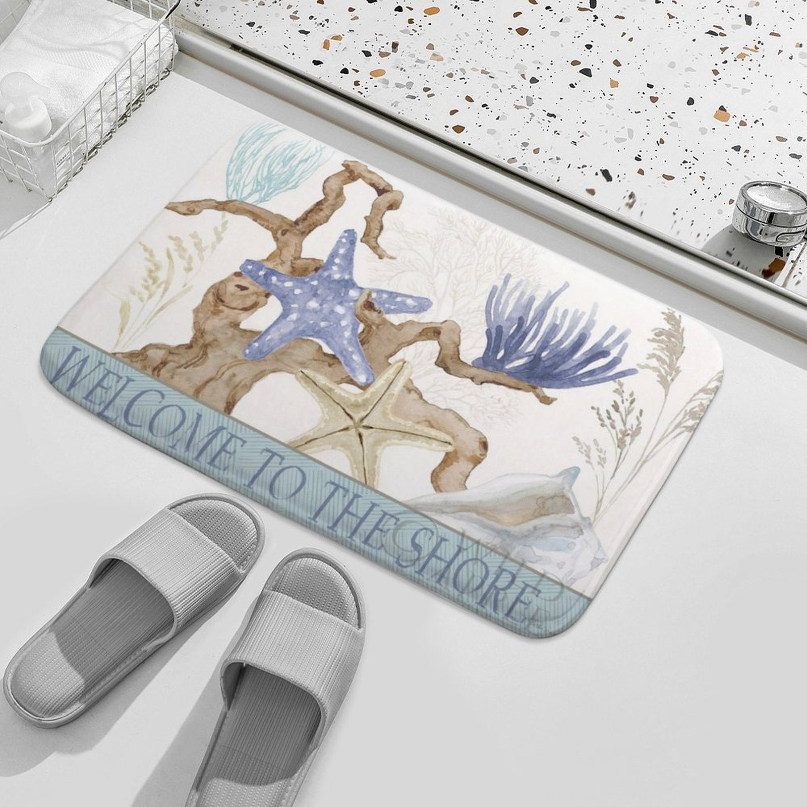 Coral velvet bath rug with coastal design, 'Welcome to the Shore' text, non-slip bathroom rug.