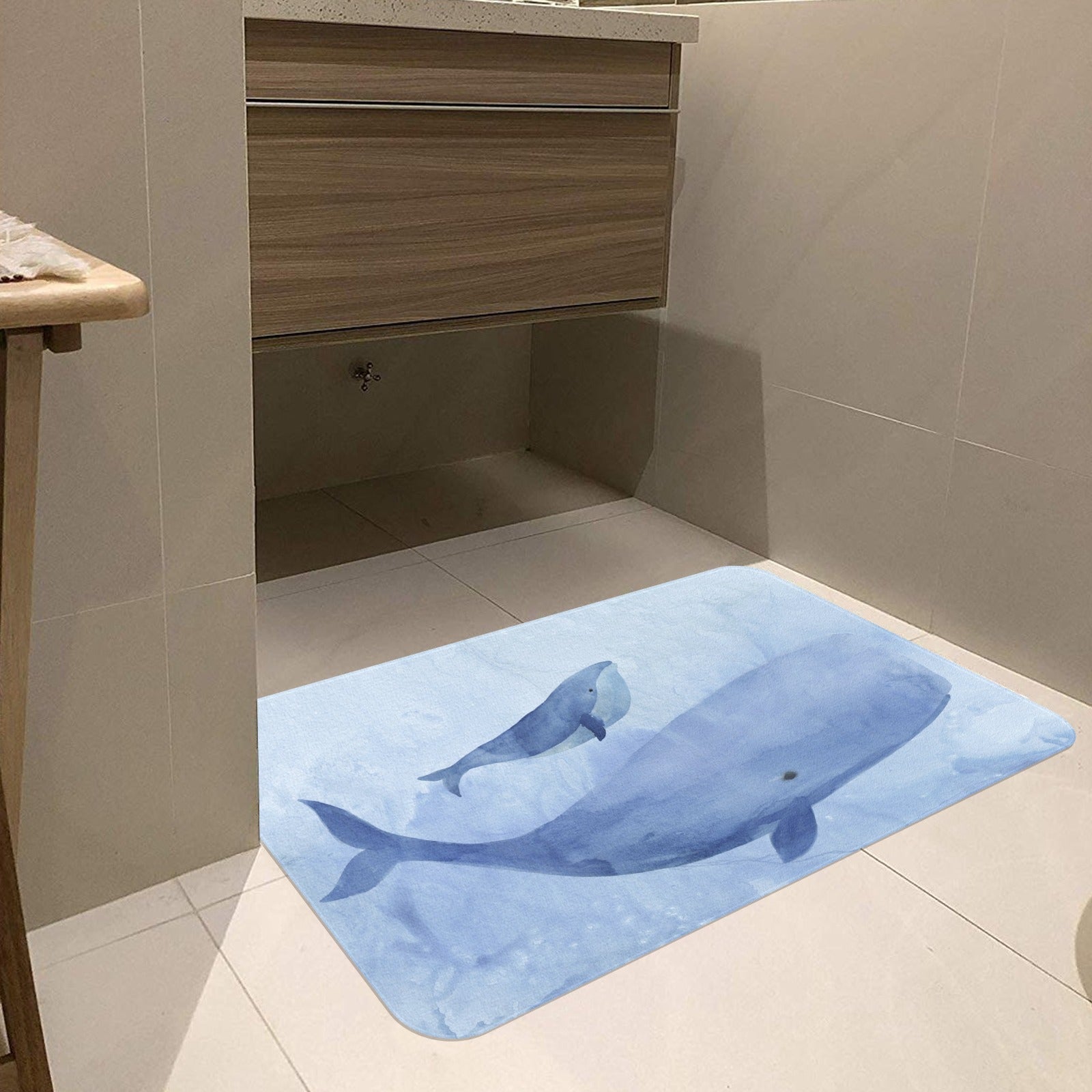 Blue Whale Entrance Doormat, Rubber Floor Mat for Bathroom, Watercolor Whale Design