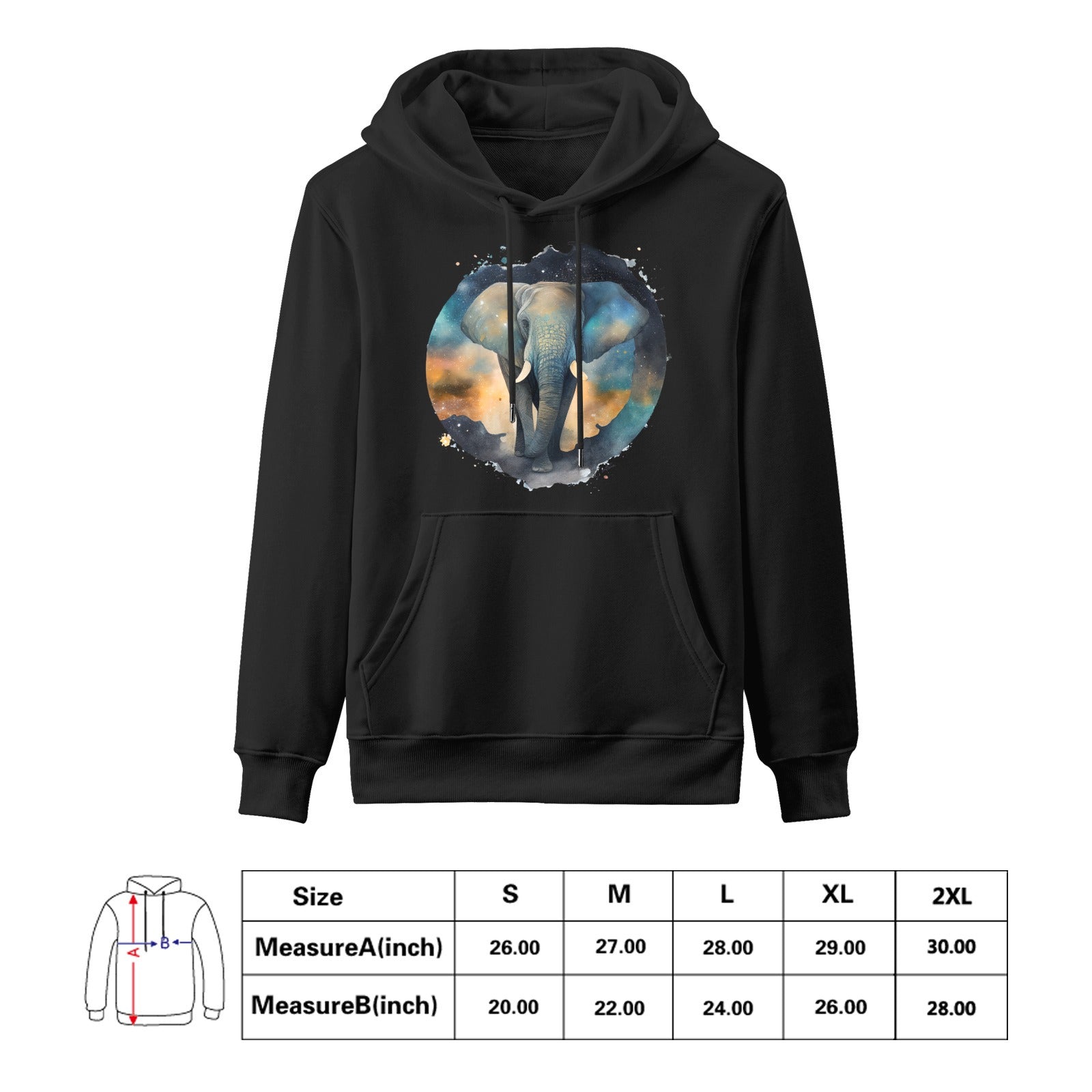 Elephant Astro Cruise black hooded sweatshirt for men. Cotton hoodie with celestial elephant art and size chart.