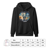 Elephant Astro Cruise black hooded sweatshirt for men. Cotton hoodie with celestial elephant art and size chart.